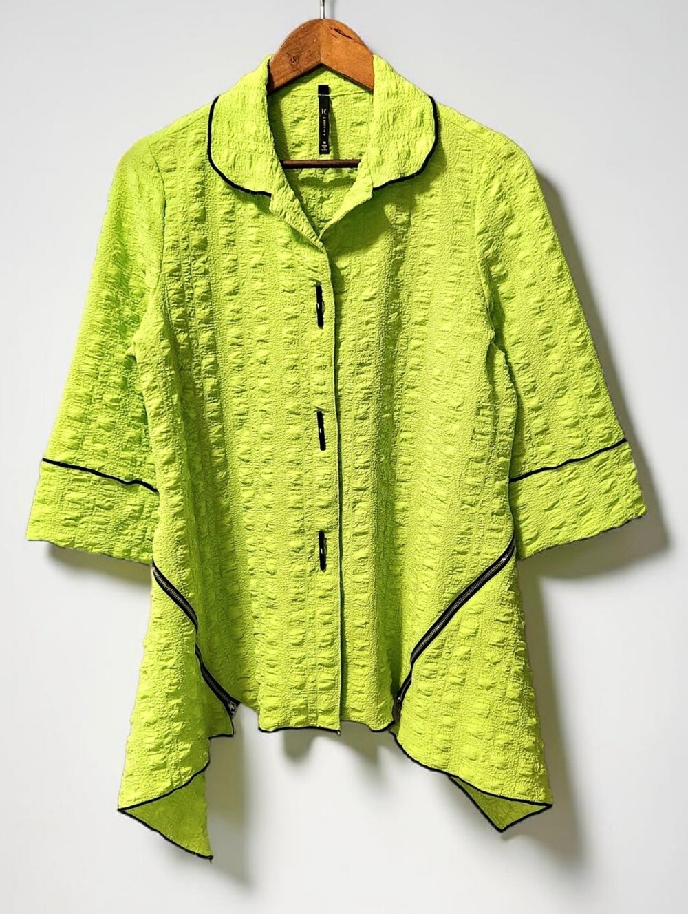 IC Connie K Lime Green Asymmetric Lagenlook Jacket Top Womens M Crinkle Puff USA